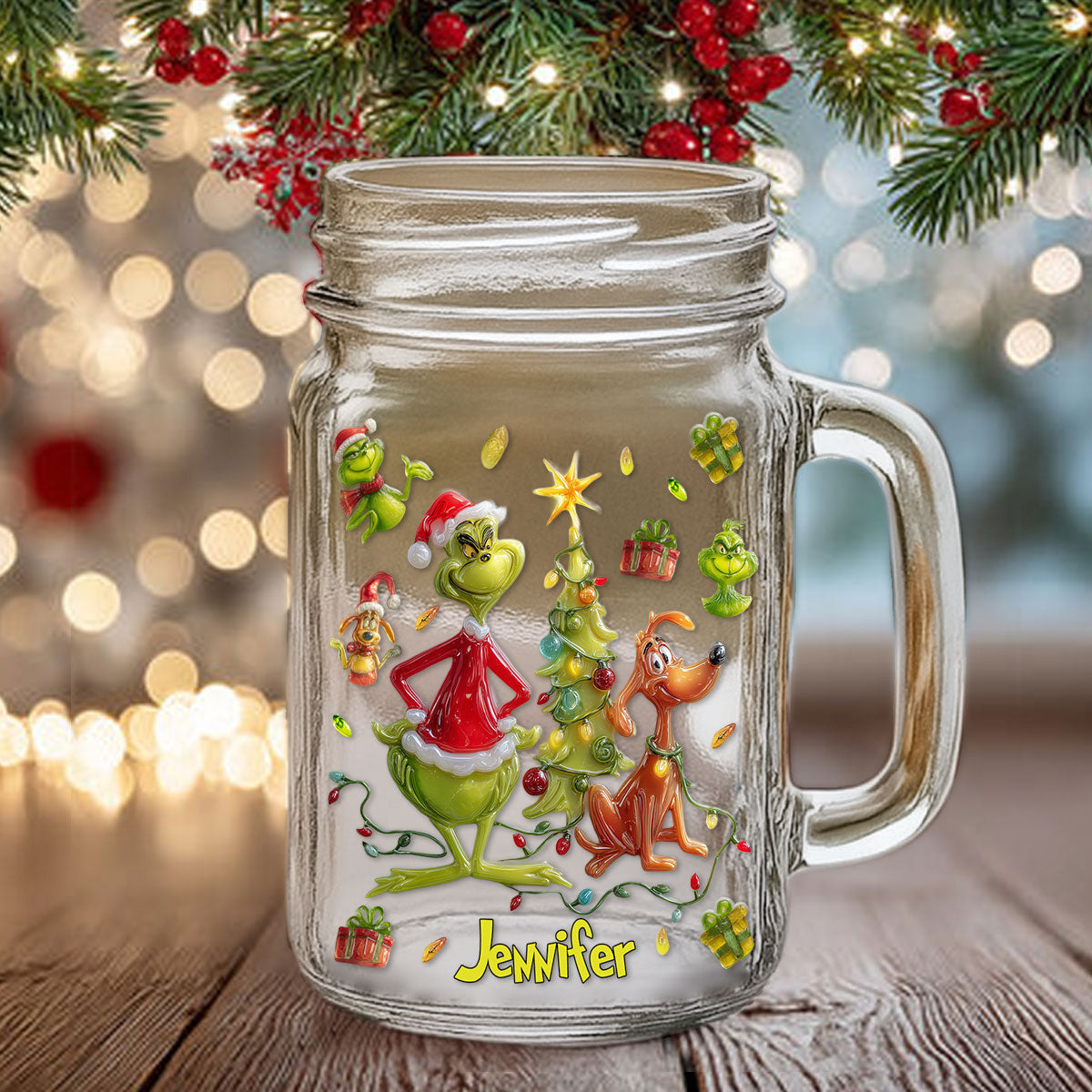Merry Greenmas - Personalized Stole Christmas Mason Jar Cup