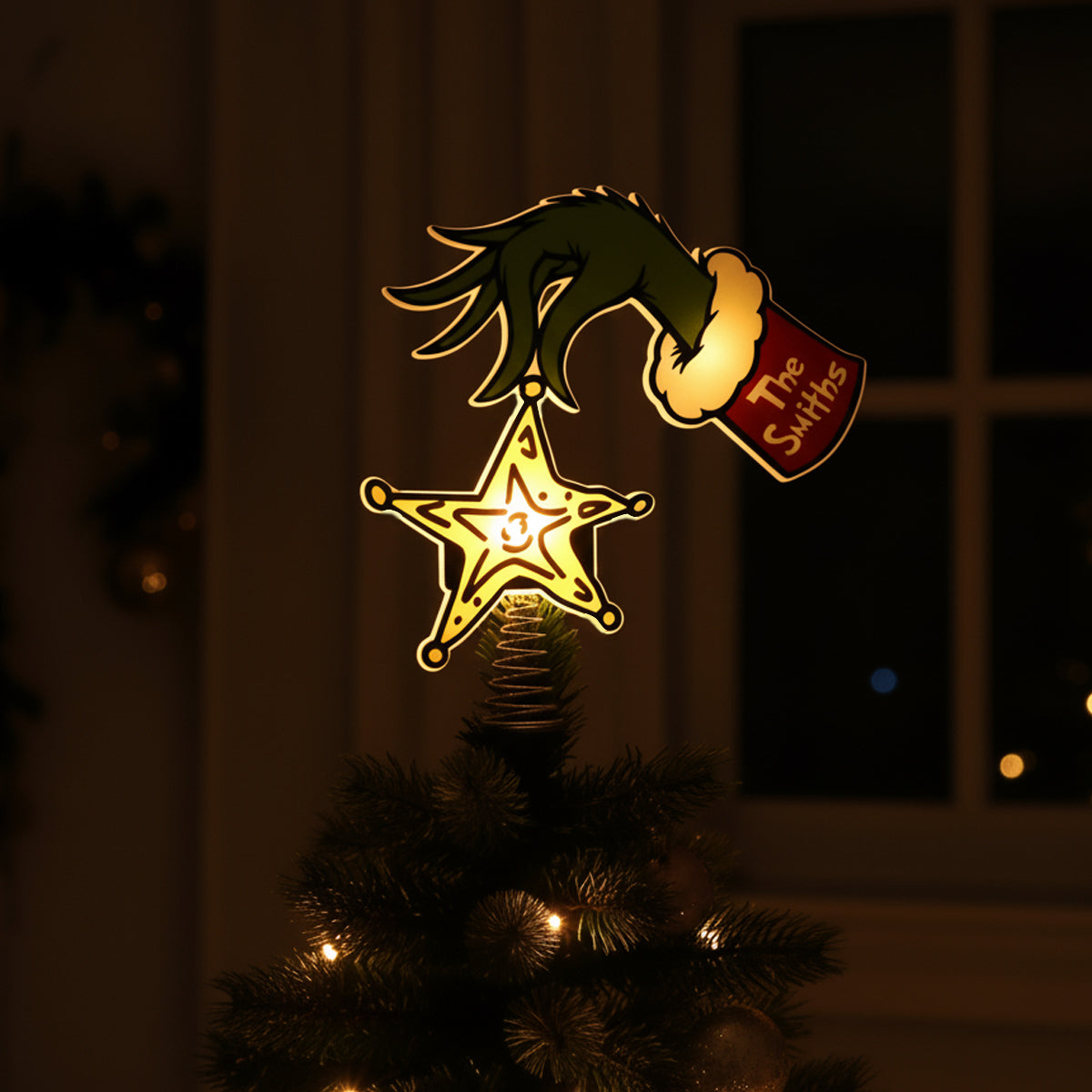La malice verte a volé l'étoile jaune - Décoration de sapin de Noël lumineuse LED personnalisée « Étole »