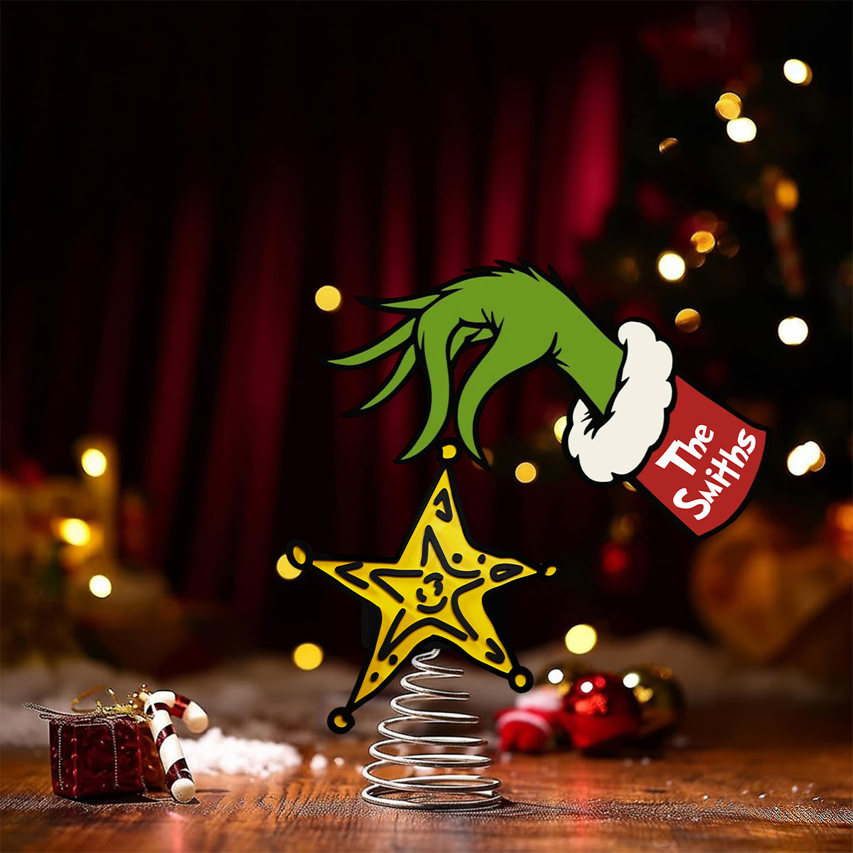 La malice verte a volé l'étoile jaune - Décoration de sapin de Noël lumineuse LED personnalisée « Étole »