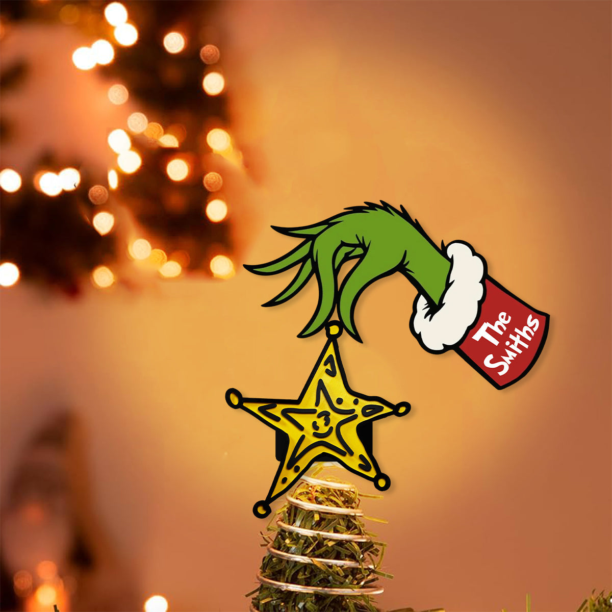 La malice verte a volé l'étoile jaune - Décoration de sapin de Noël lumineuse LED personnalisée « Étole »