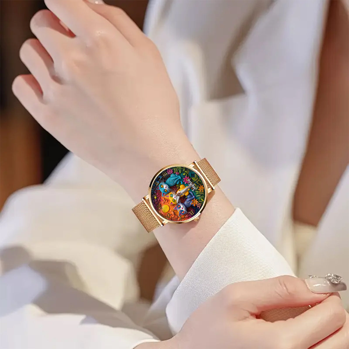 Montre-bracelet personnalisée pour femme - Chat bohème 