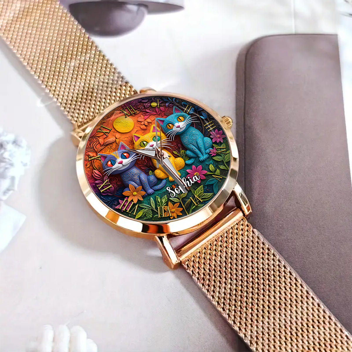Montre-bracelet personnalisée pour femme - Chat bohème 