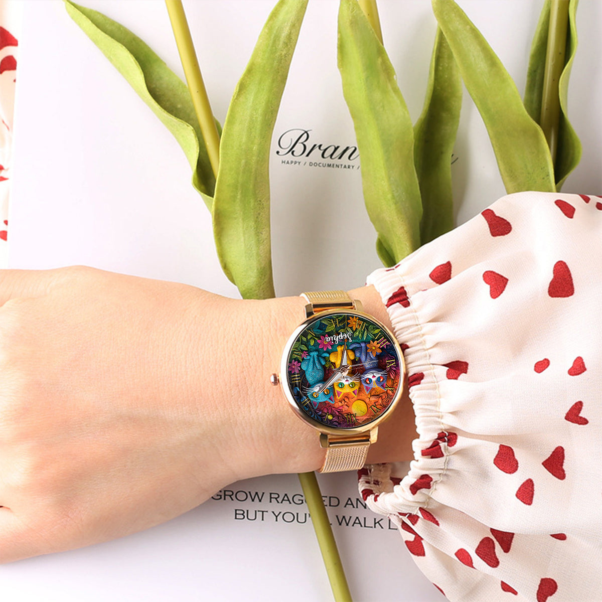 Montre-bracelet personnalisée pour femme - Chat bohème 