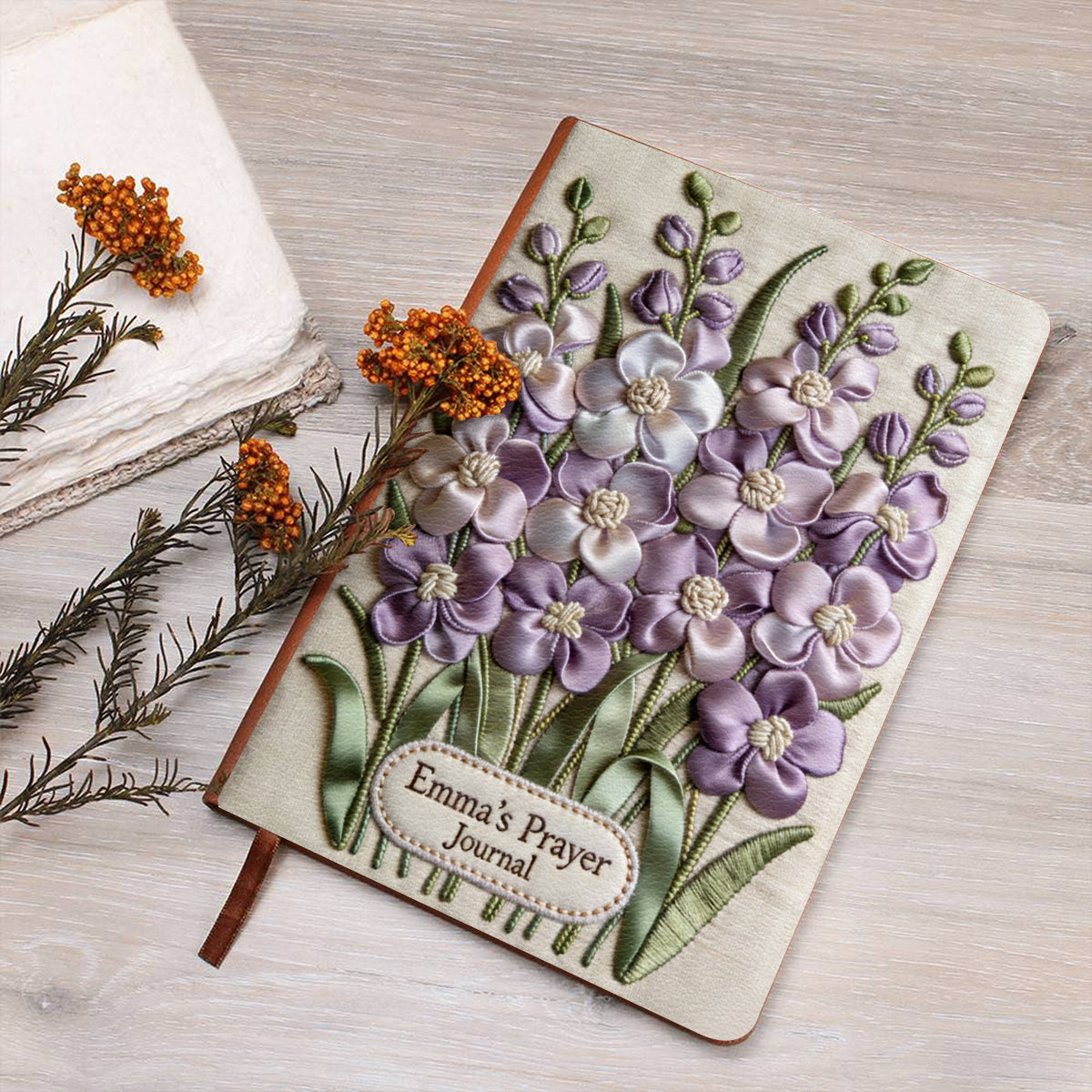 Journal en cuir chrétien personnalisé avec fleur et prénom de naissance