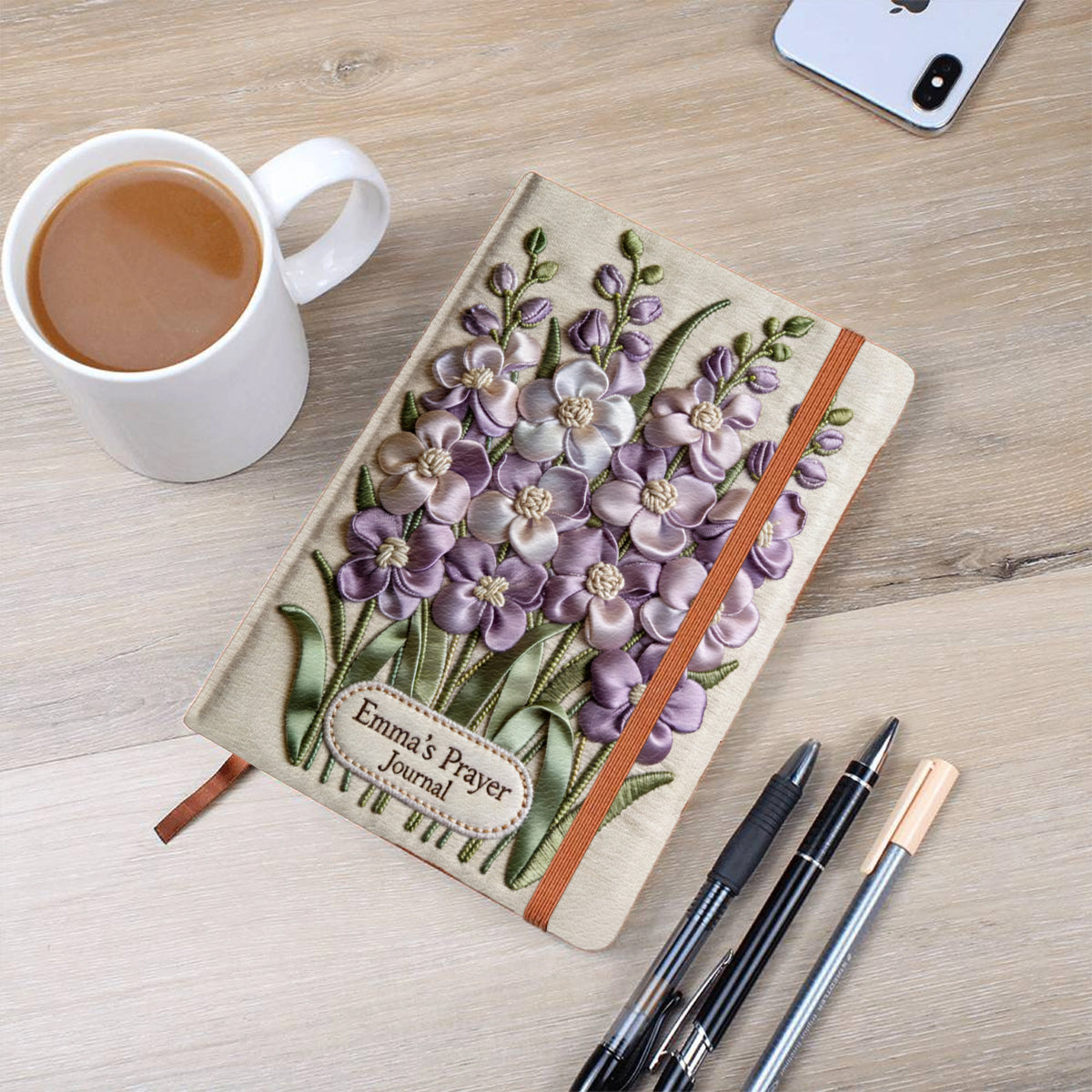 Journal en cuir chrétien personnalisé avec fleur et prénom de naissance