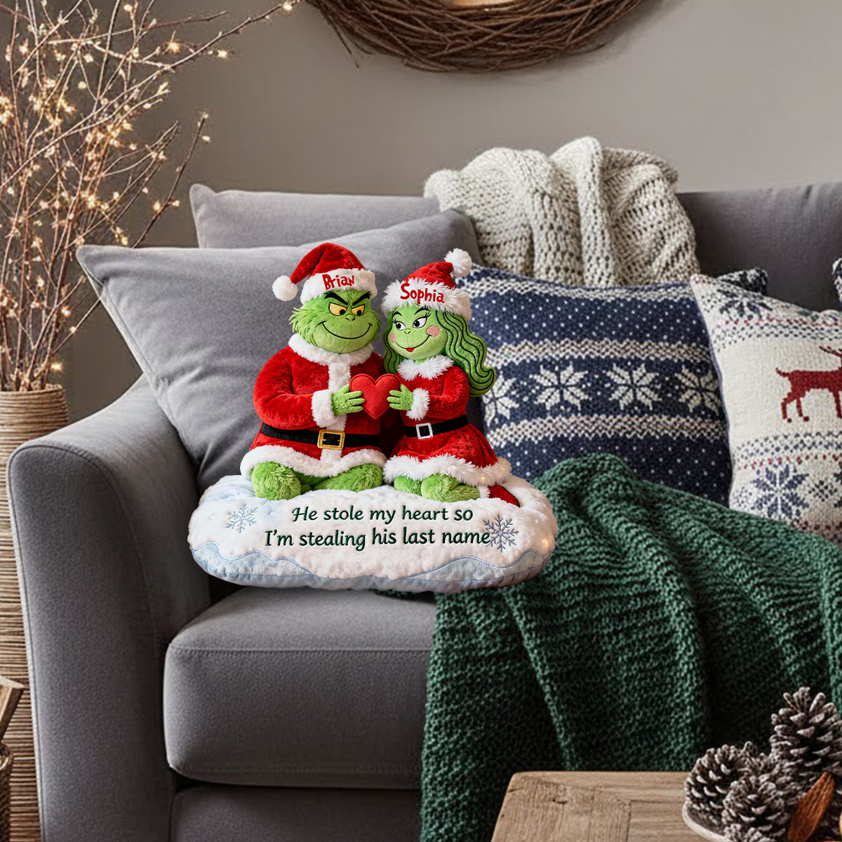 Il a volé mon cœur - Coussin personnalisé en fausse fourrure en forme d'étole de Noël