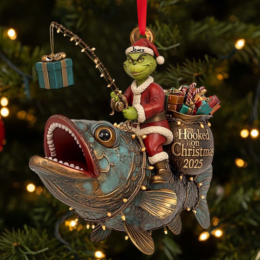 Père Noël vert chevauchant un poisson - Ornement de pêche personnalisé