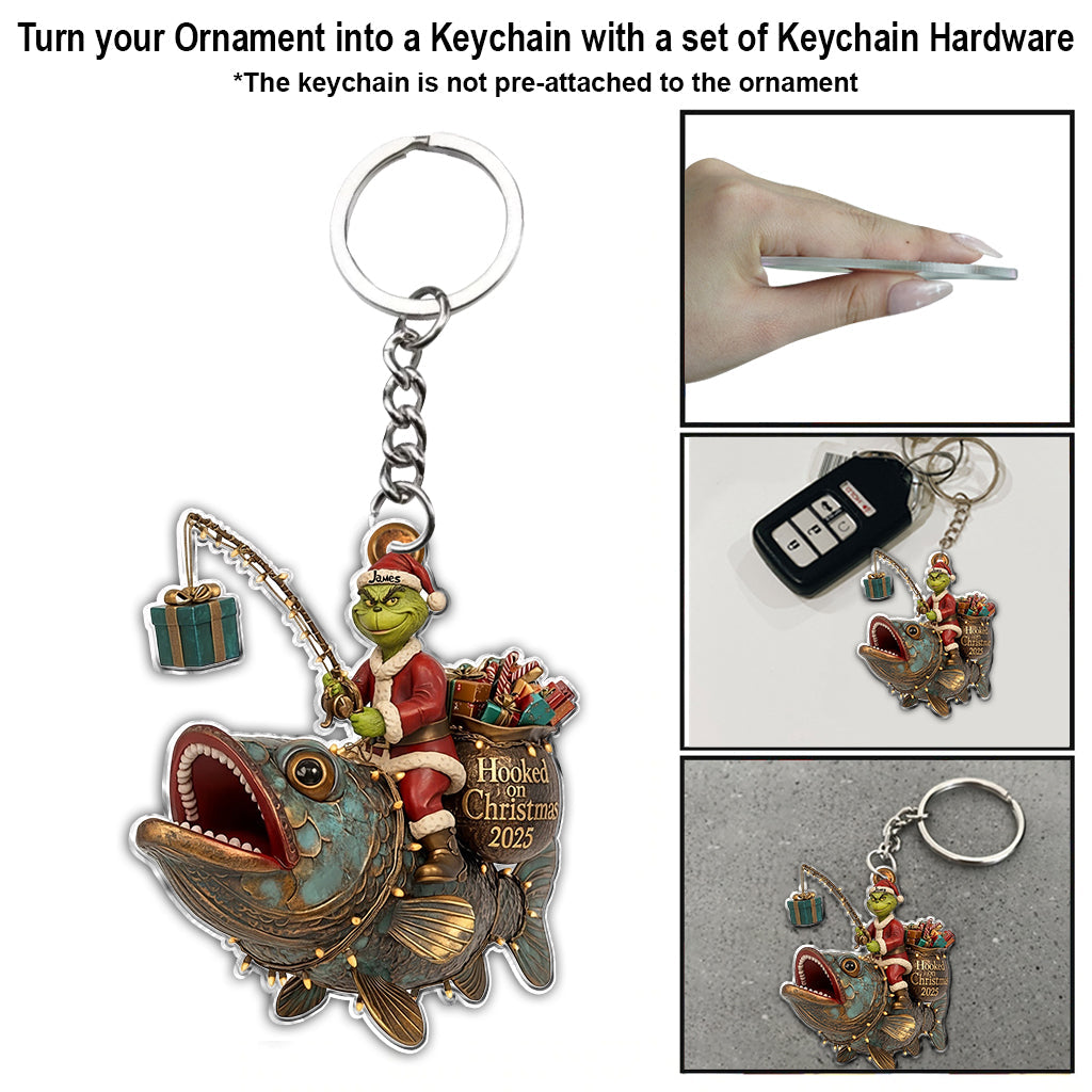 Père Noël vert chevauchant un poisson - Ornement de pêche personnalisé