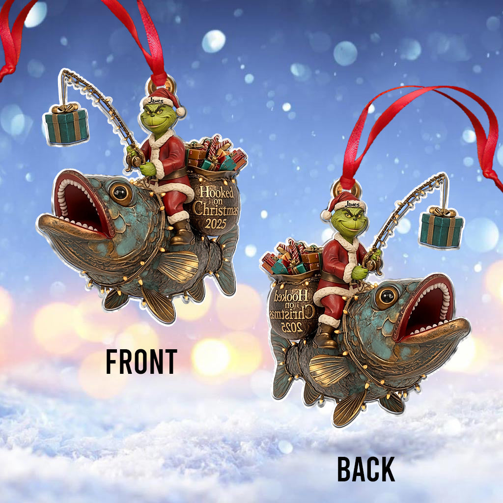 Père Noël vert chevauchant un poisson - Ornement de pêche personnalisé