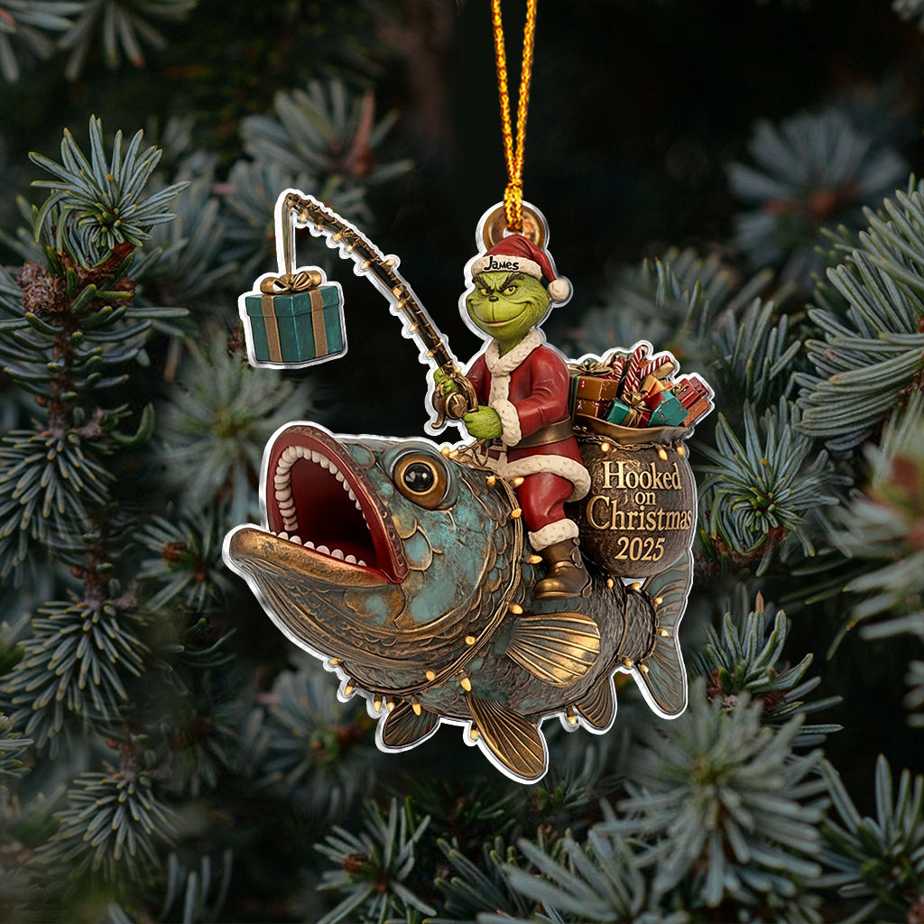 Père Noël vert chevauchant un poisson - Ornement de pêche personnalisé