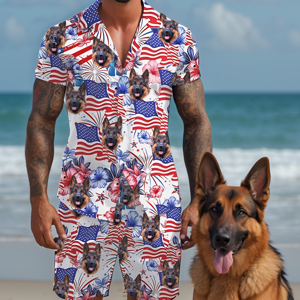 Chemise hawaïenne personnalisée pour chien et short pour homme « Chien patriotique » - Modèles patriotiques