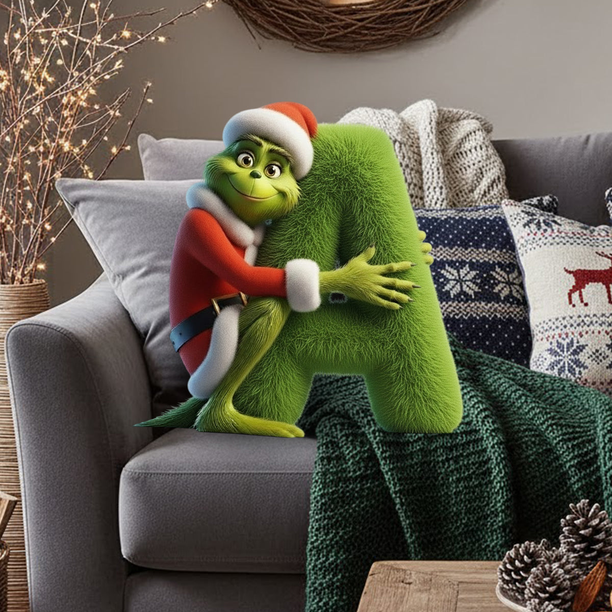 Film de Noël Green Monster Alphabet - Coussin en fausse fourrure personnalisé en forme d'étole de Noël