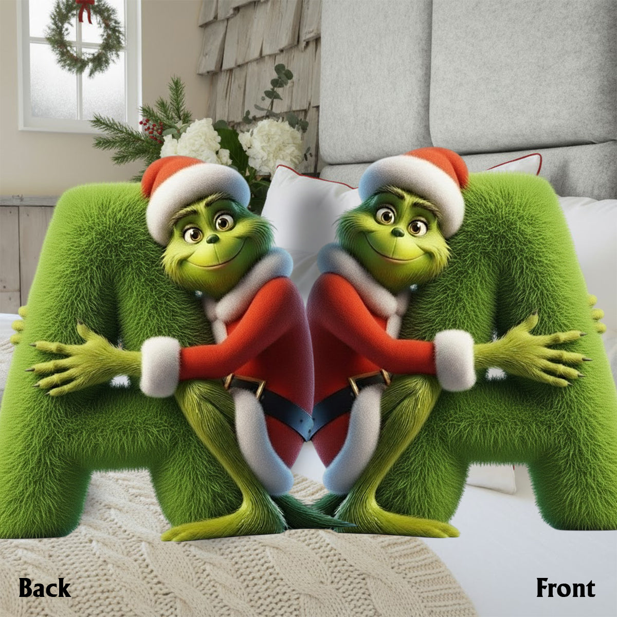 Film de Noël Green Monster Alphabet - Coussin en fausse fourrure personnalisé en forme d'étole de Noël