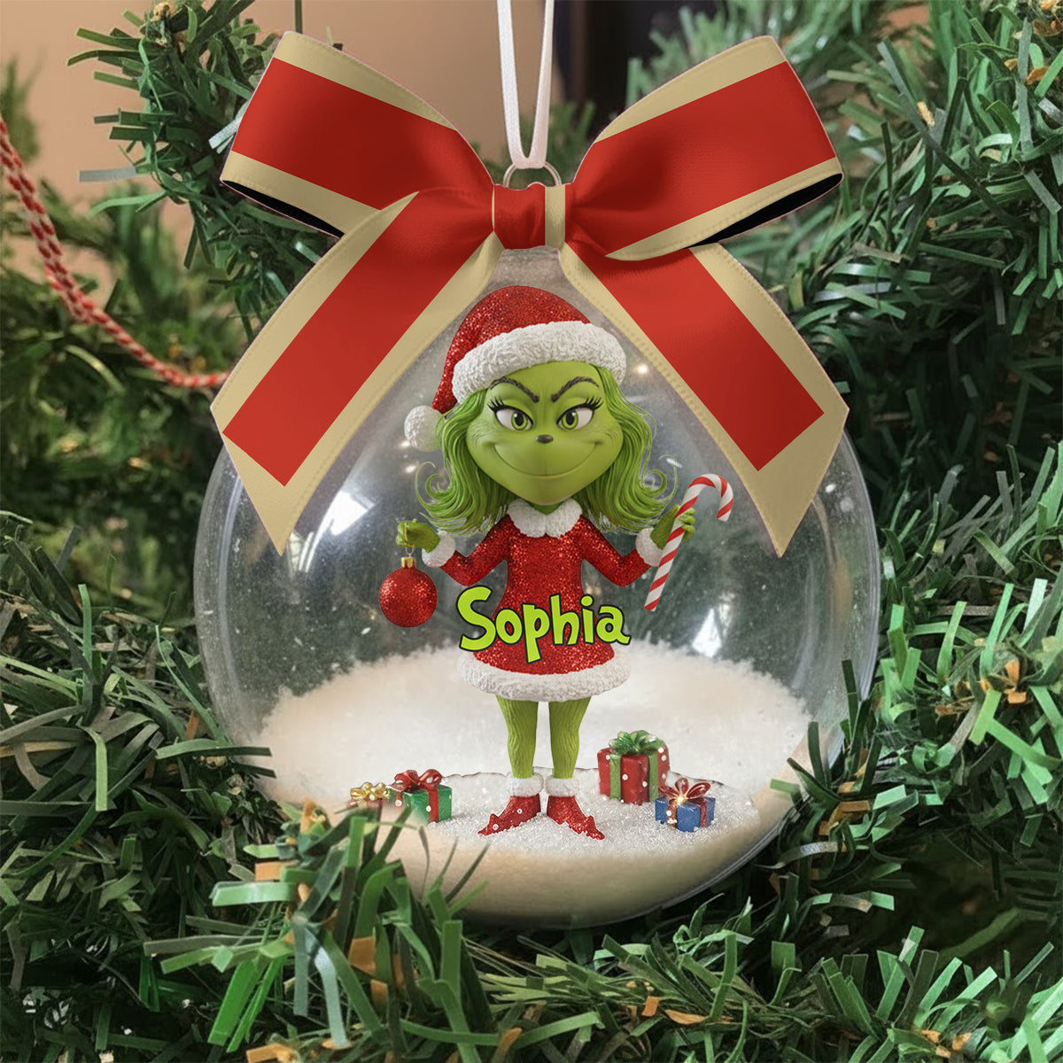 Joyeux Grinchmas - Boule à neige personnalisée avec étole et nœud