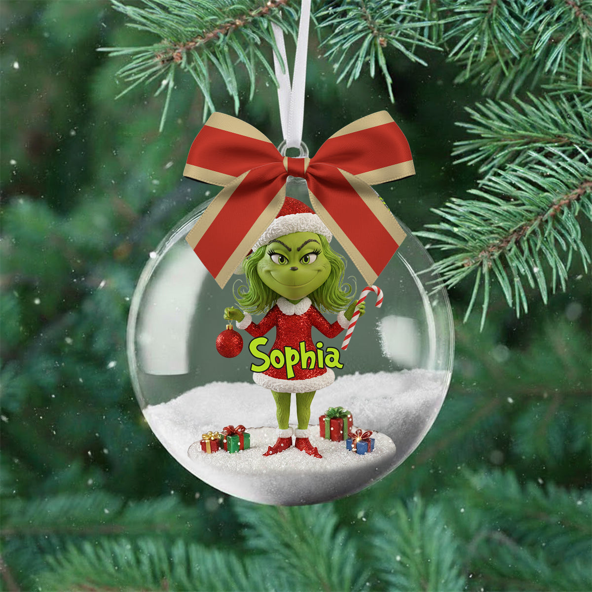 Joyeux Grinchmas - Boule à neige personnalisée avec étole et nœud