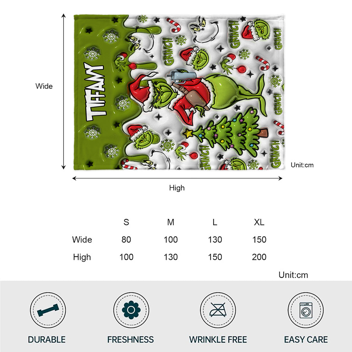 Couverture personnalisée avec flocons de neige verts et prénom au choix