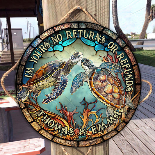 Couple de tortues en vitrail - Cadeau tortue pour mari, femme, petit ami, petite amie - Panneau rond en bois personnalisé