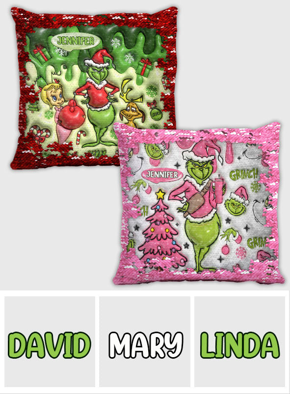 Joyeux Noël Green Mischief - Housse de coussin personnalisée à sequins en forme d'étole de Noël