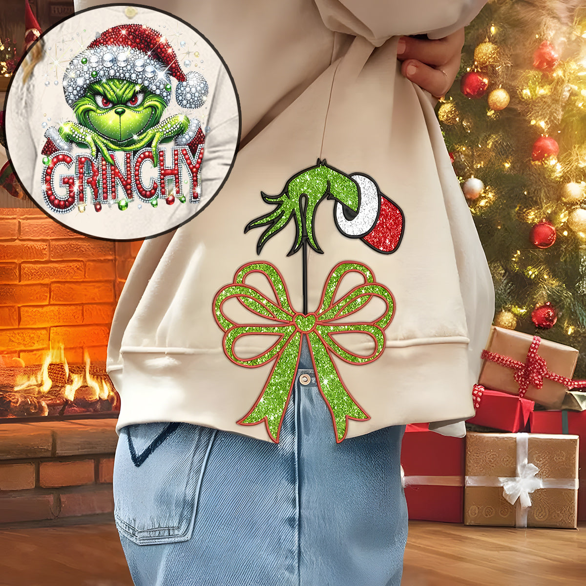Joyeux Grinchmas - Sweat-shirt à ourlet fendu et étole de Noël personnalisée