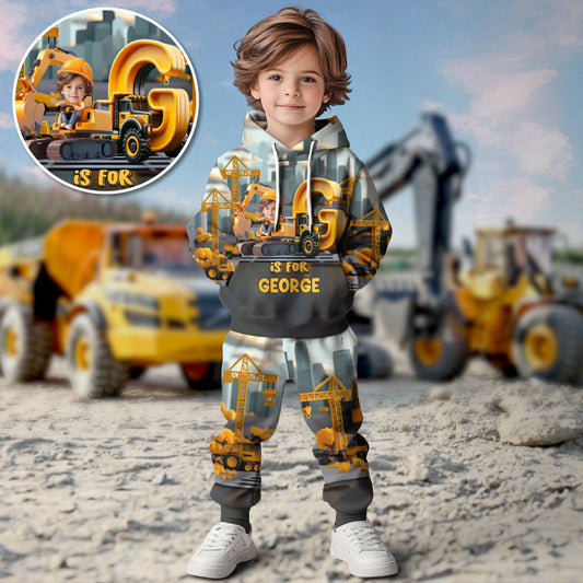 Lettres de l'alphabet des véhicules de chantier - Sweat à capuche et pantalon de jogging personnalisés pour enfant