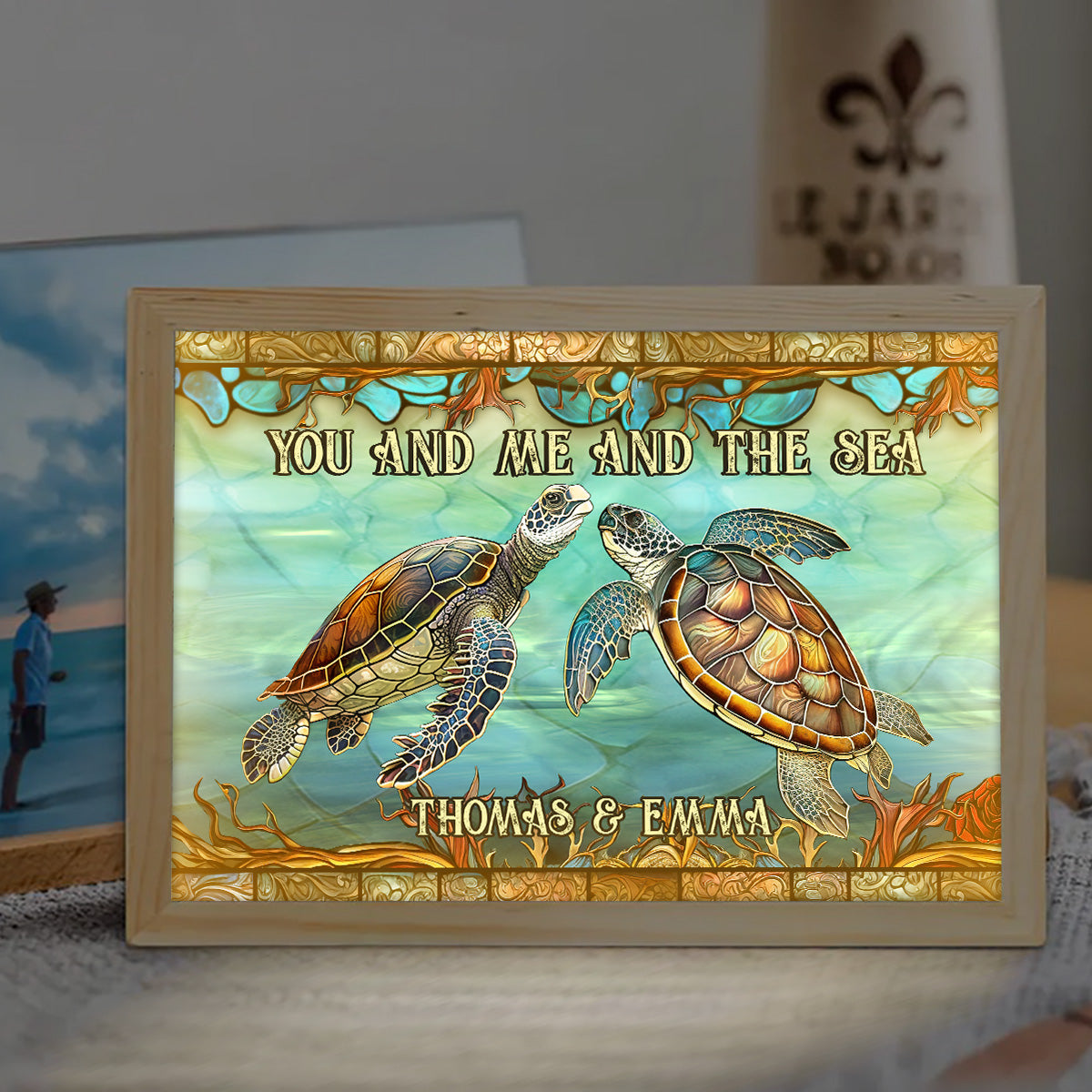 Toi, moi et la mer - Cadre photo lumineux tortue personnalisé