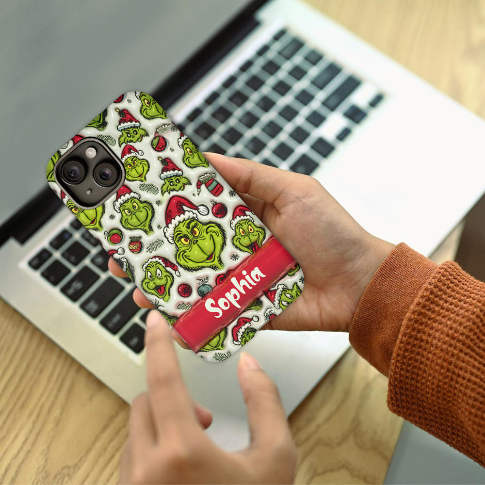 Coque de téléphone personnalisée avec motif étole de Noël et personnage vert