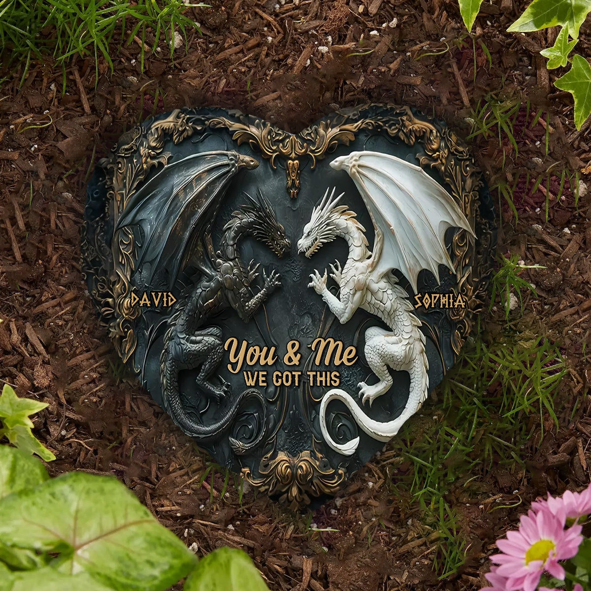 Toi et moi, on gère ! - Pierre personnalisée en forme de cœur et de dragon
