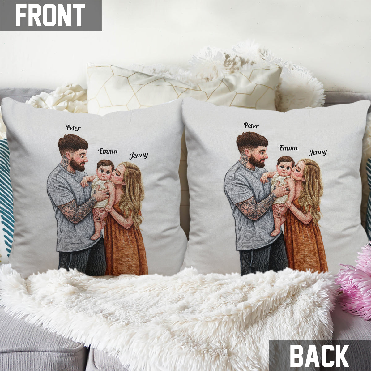 Upload Family Photo - Personalized Blonde White Family Throw Pillow