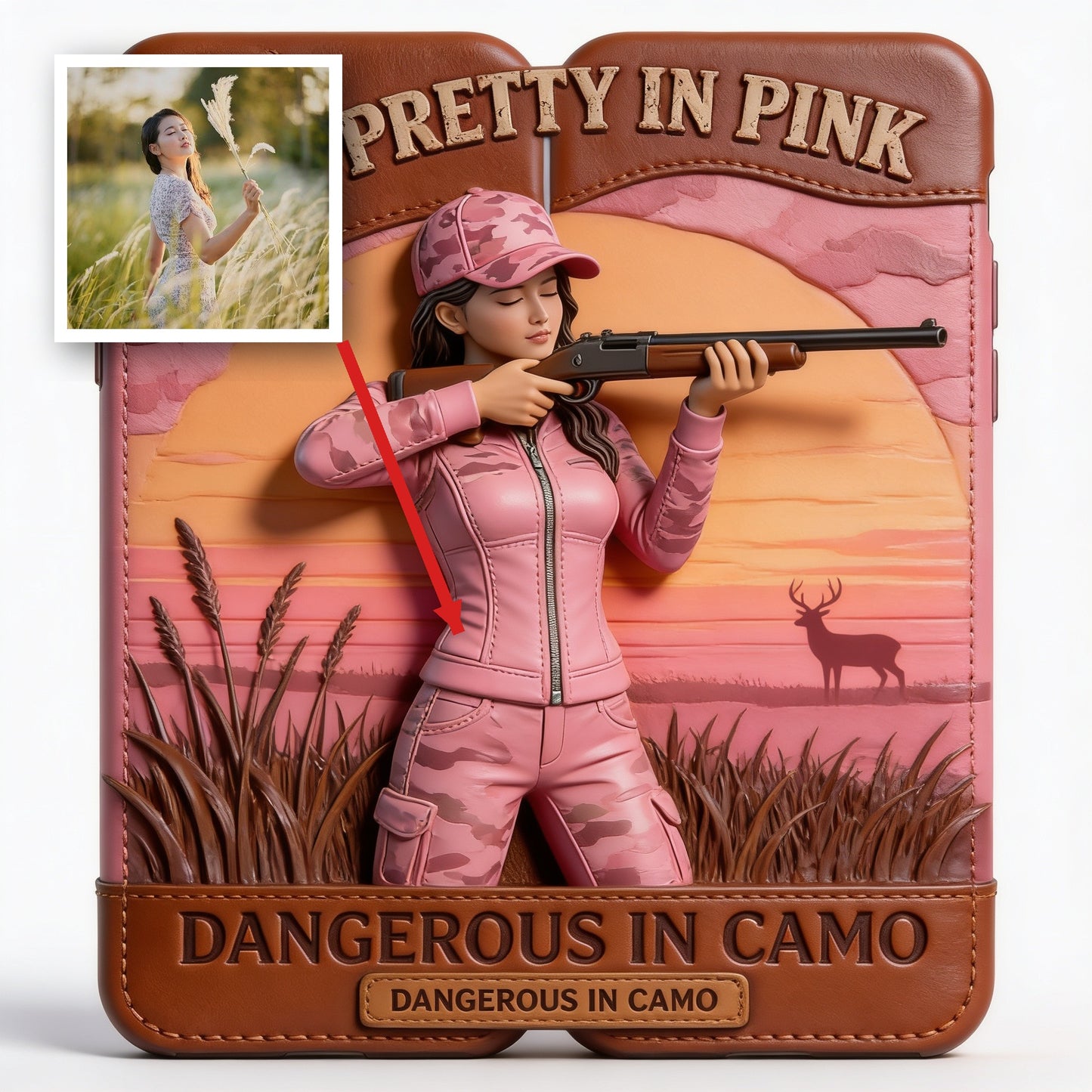Custom Any Photo Dangerous In Camo - Personalized Hunting Leather Phone Case