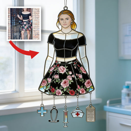 Gift For Young Woman - Custom Any Photo - Personalized Young Woman Window Hanging Suncatcher With Charms