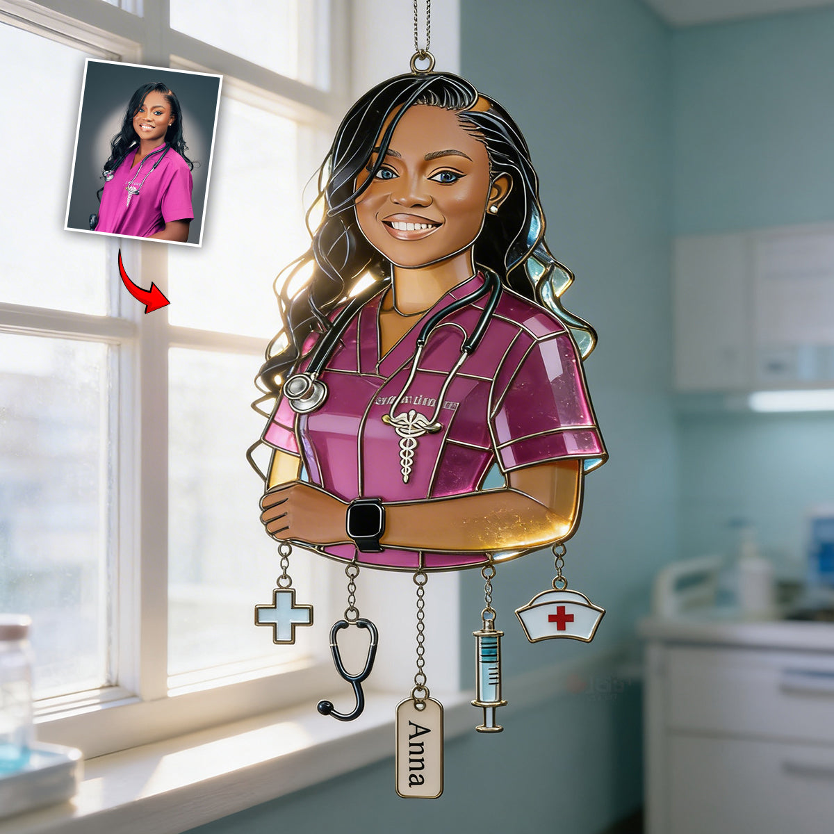 Gift For Young Woman - Custom Any Photo - Personalized Young Woman Window Hanging Suncatcher With Charms