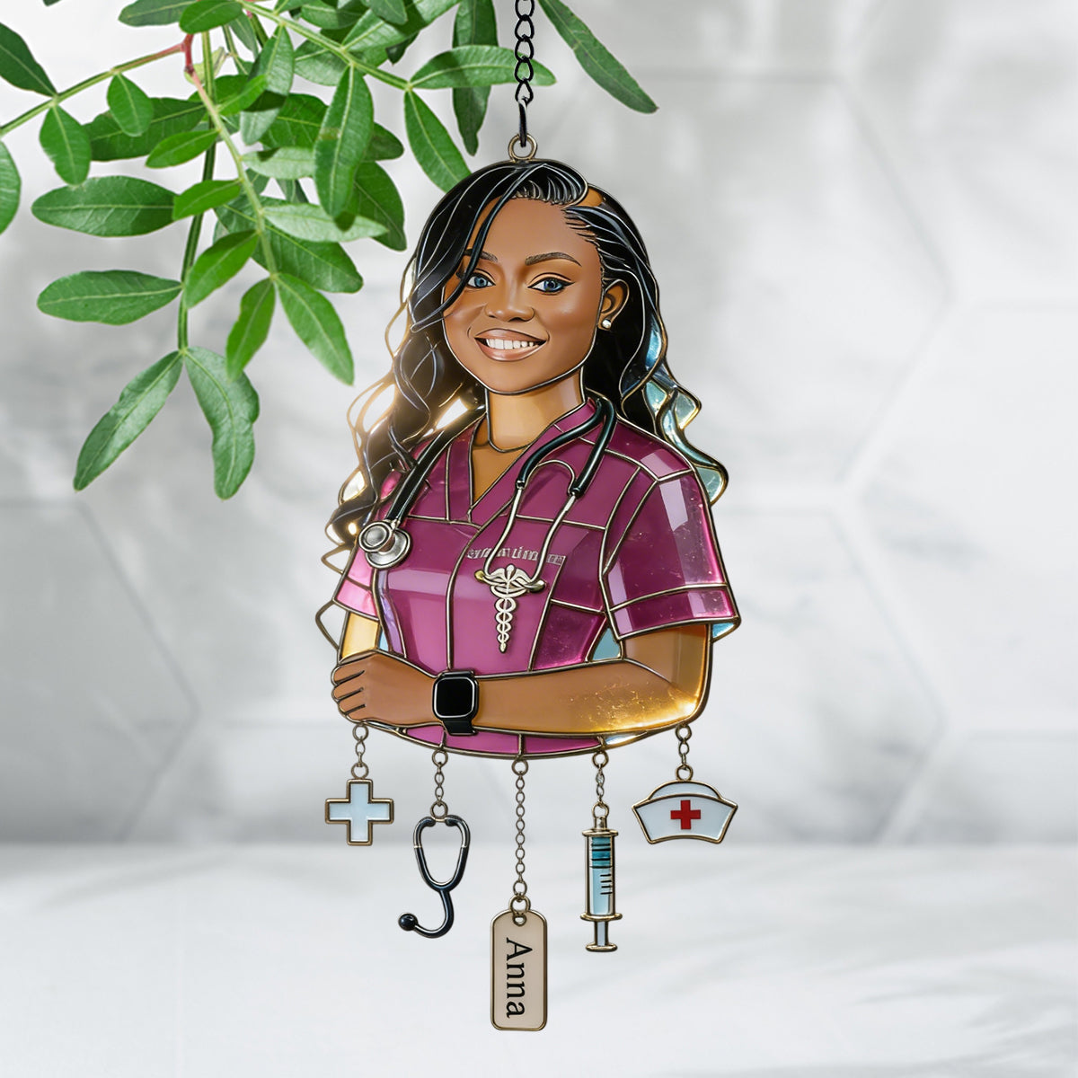Gift For Young Woman - Custom Any Photo - Personalized Young Woman Window Hanging Suncatcher With Charms