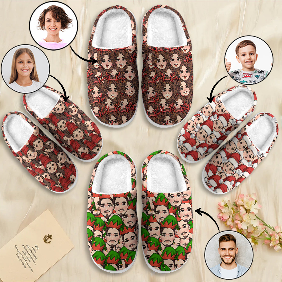 Pantoufles assorties pour toute la famille avec des motifs chibi amusants - Pantoufles personnalisées pour toute la famille