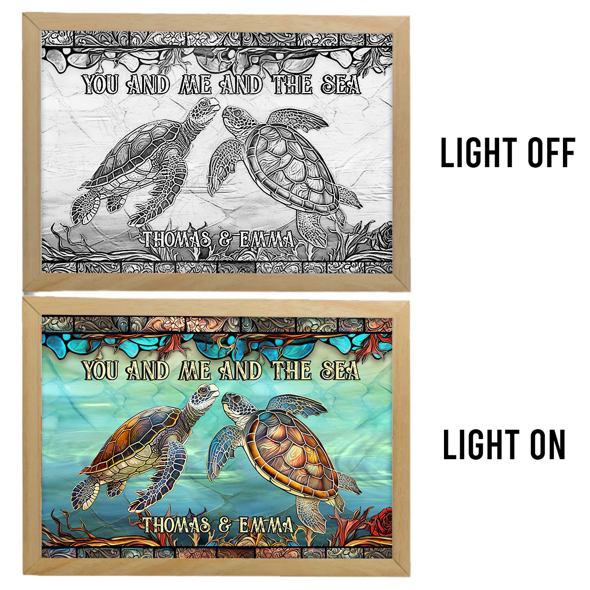 Toi, moi et la mer - Cadre photo lumineux tortue personnalisé