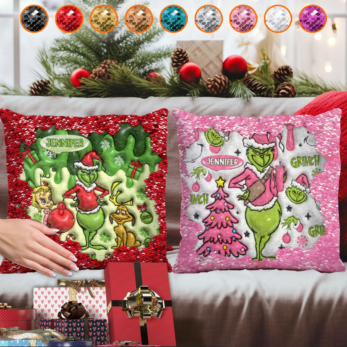 Joyeux Noël Green Mischief - Housse de coussin personnalisée à sequins en forme d'étole de Noël