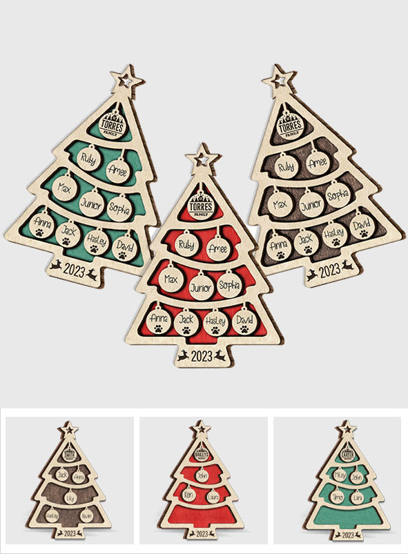 Sapin de Noël avec nom de famille et plusieurs couleurs - Ornement en bois personnalisé avec le nom de famille