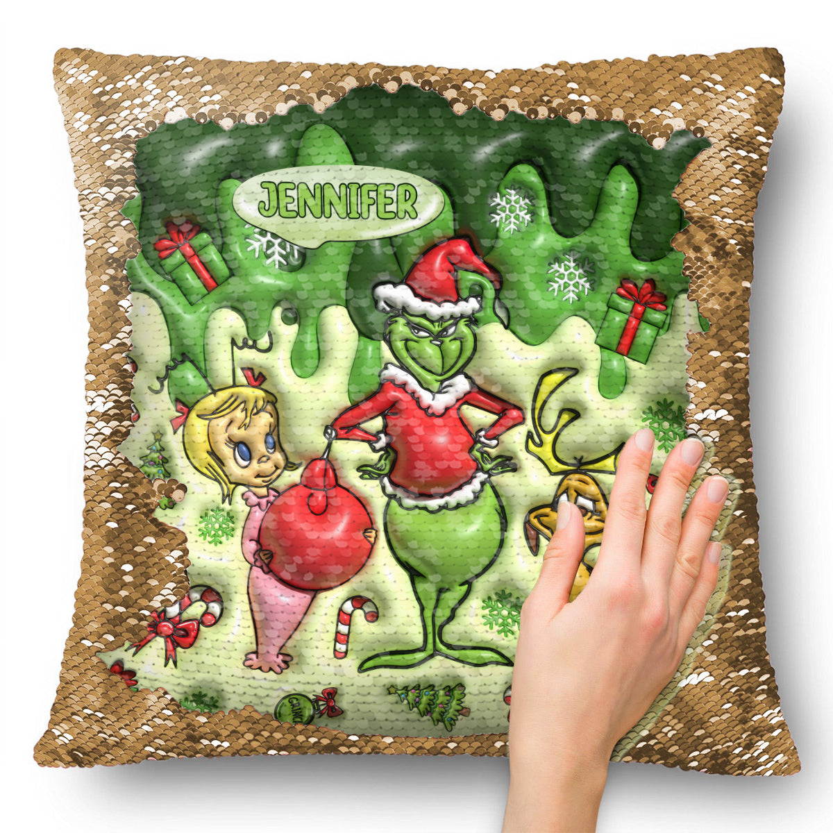 Joyeux Noël Green Mischief - Housse de coussin personnalisée à sequins en forme d'étole de Noël