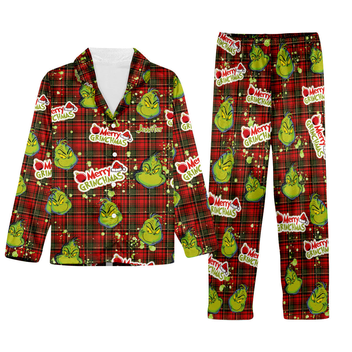 Joyeux Grinchmas - Pyjama de Noël personnalisé avec étole et boutons