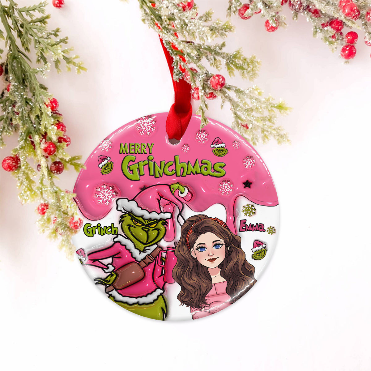 Merry Grinchmas - Personalized Stole Christmas Ceramic Circle Ornament