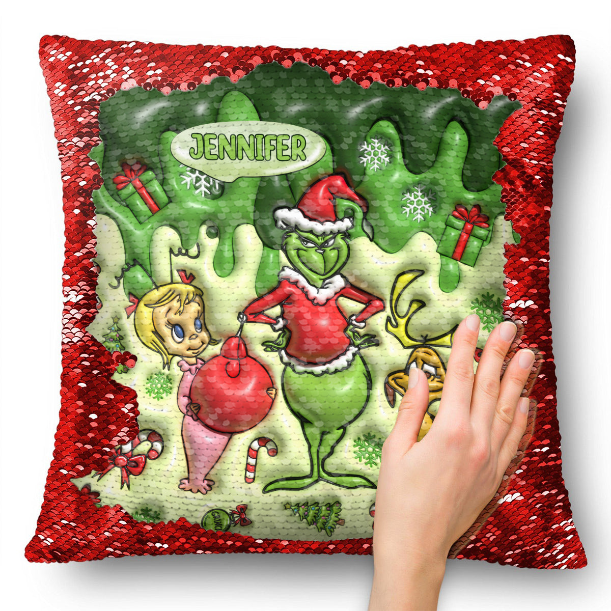 Joyeux Noël Green Mischief - Housse de coussin personnalisée à sequins en forme d'étole de Noël
