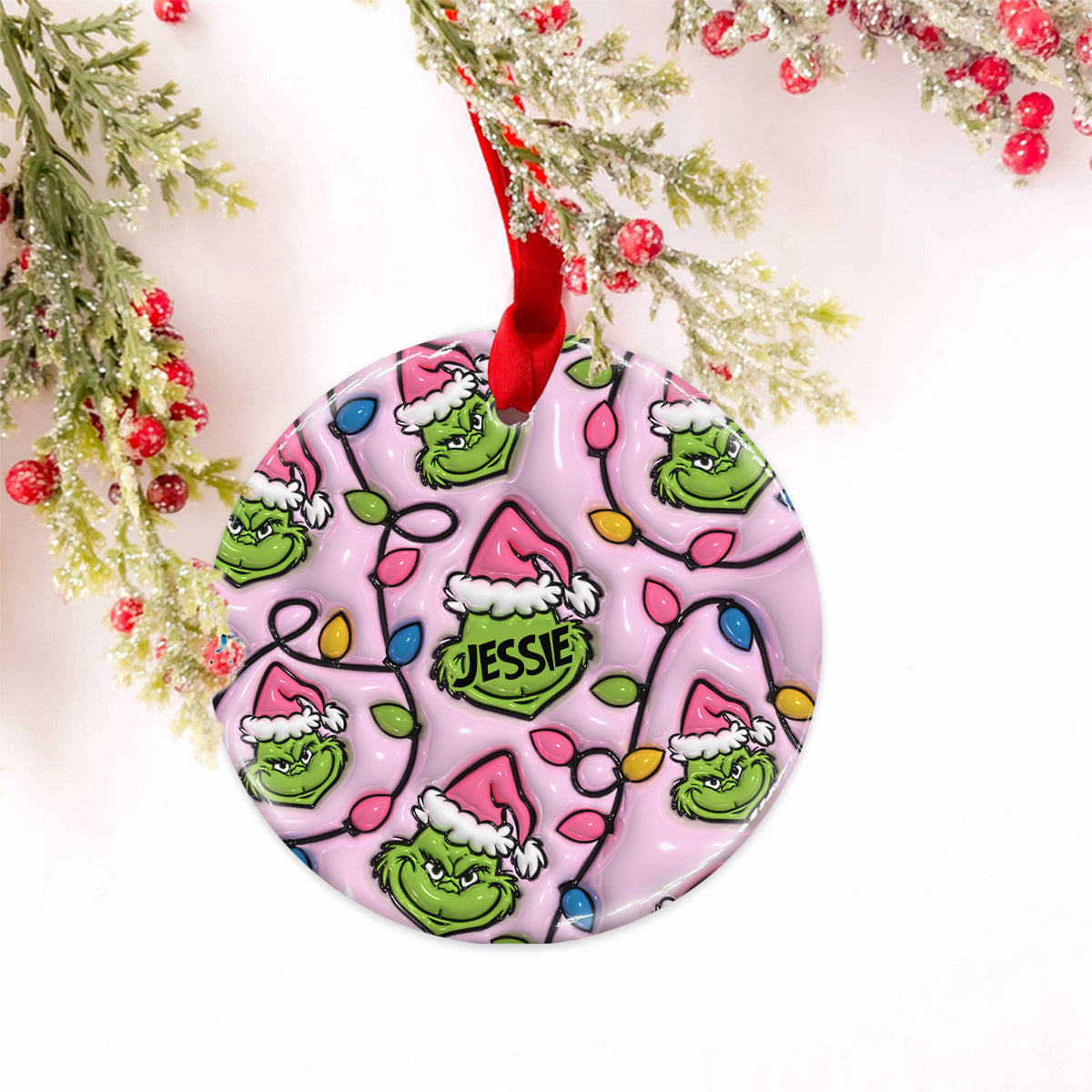 Green & Pink - Personalized Stole Christmas Ceramic Circle Ornament