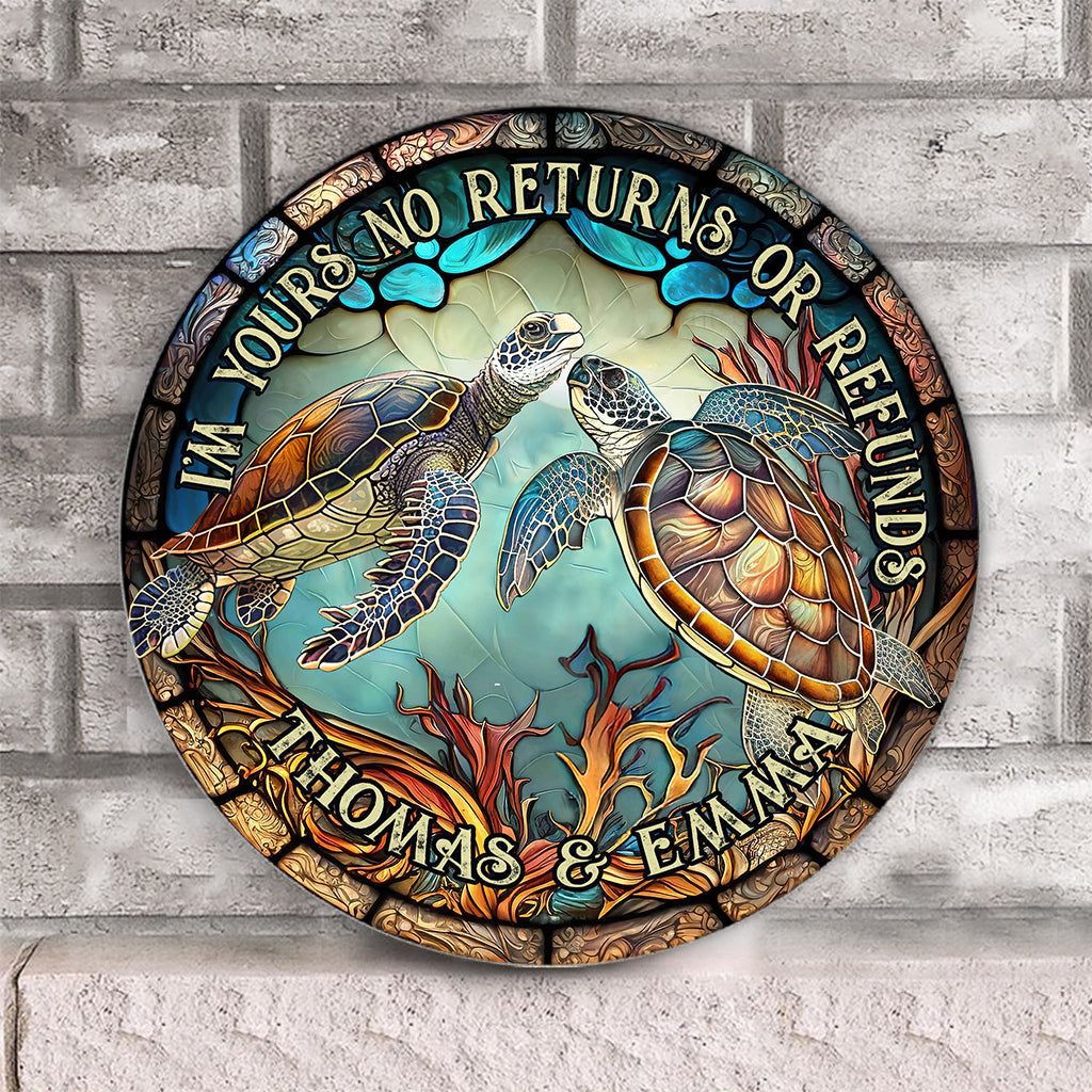 Couple de tortues en vitrail - Cadeau tortue pour mari, femme, petit ami, petite amie - Panneau rond en bois personnalisé