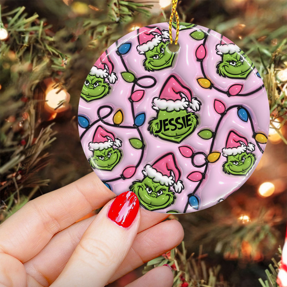 Green & Pink - Personalized Stole Christmas Ceramic Circle Ornament