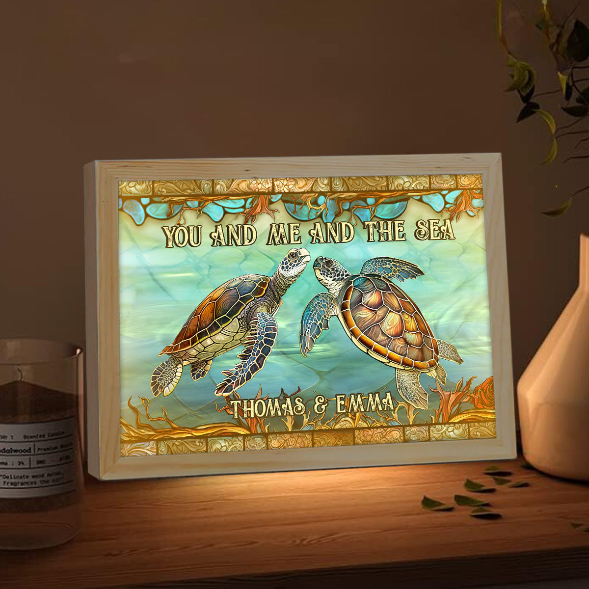 Toi, moi et la mer - Cadre photo lumineux tortue personnalisé