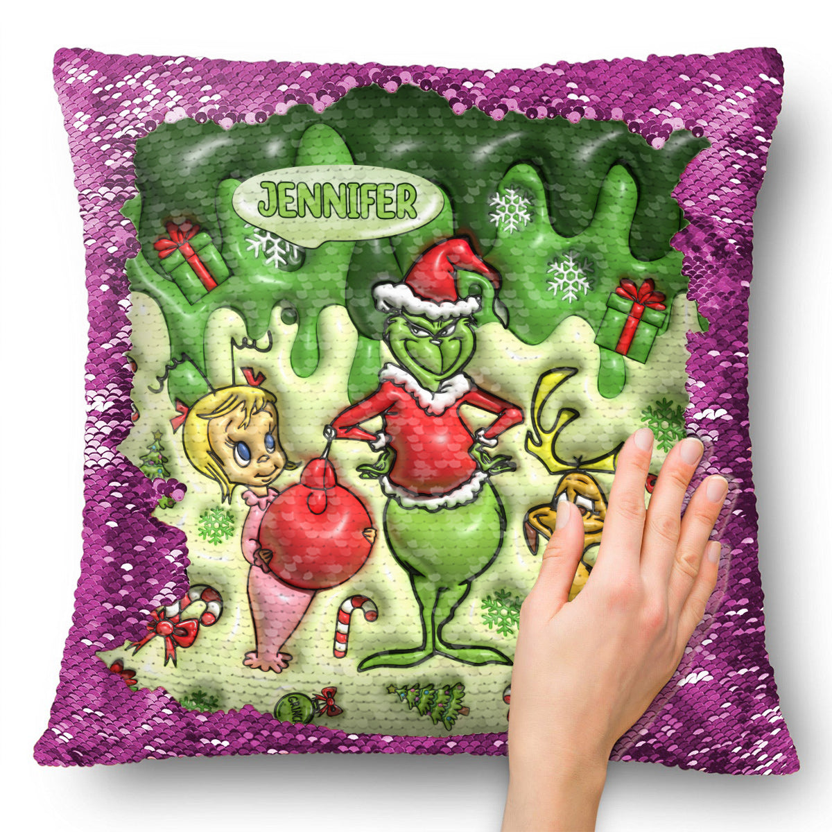 Joyeux Noël Green Mischief - Housse de coussin personnalisée à sequins en forme d'étole de Noël