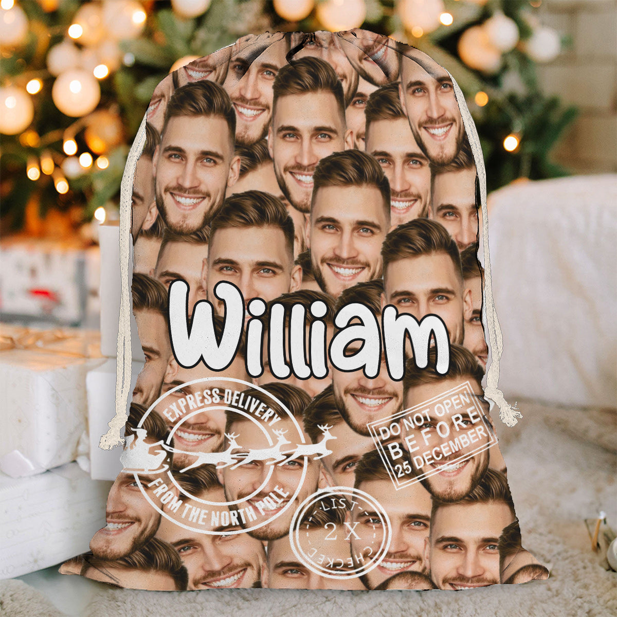 Livraison spéciale Noël Cute Faces - Sac fourre-tout de Noël personnalisé pour toute la famille