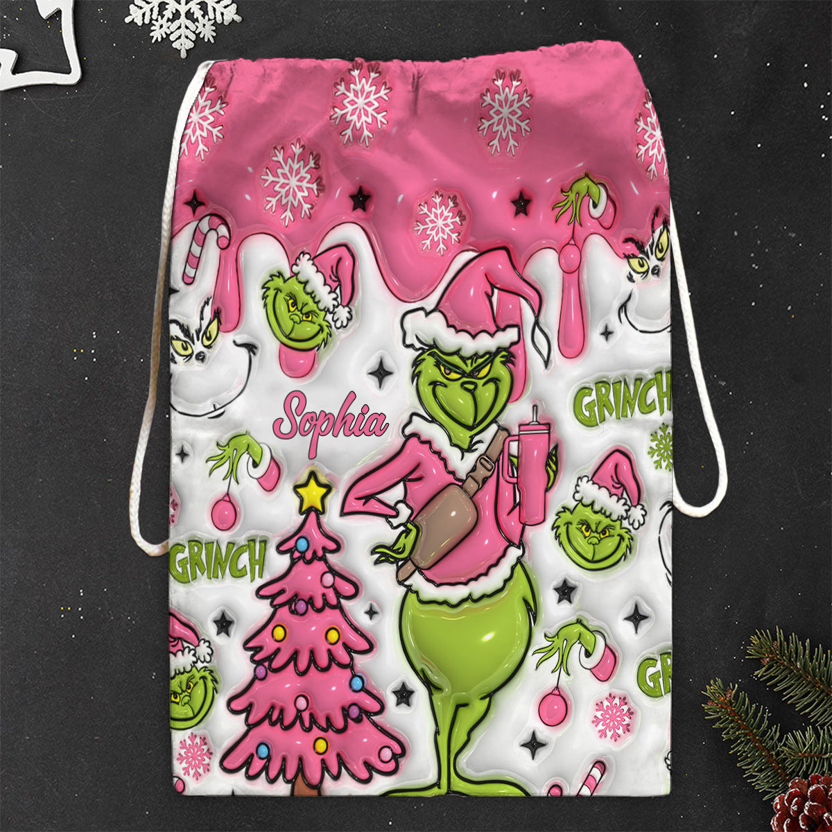 Merry Grinchmas - Personalized Stole Christmas Drawstring Tote Bag