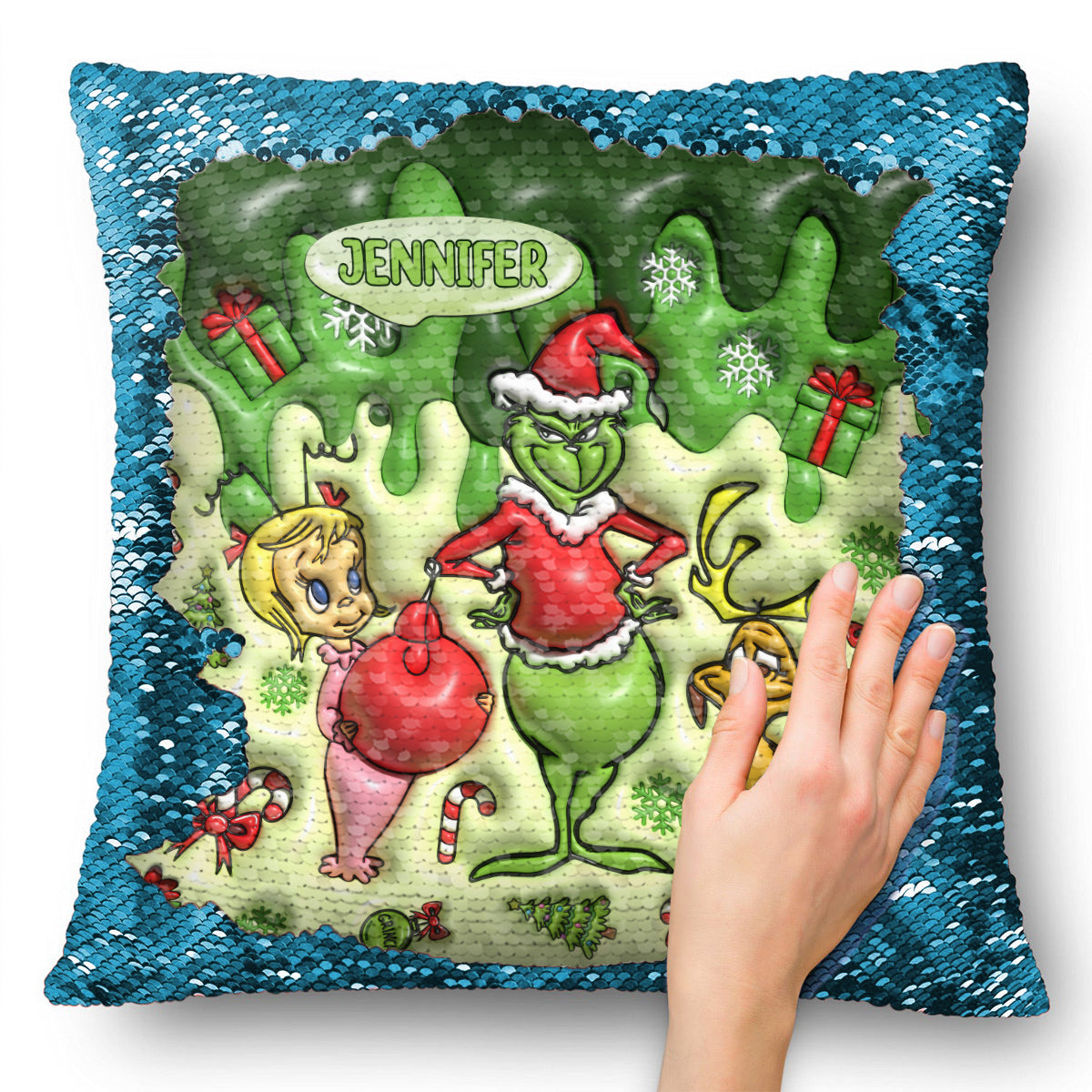 Joyeux Noël Green Mischief - Housse de coussin personnalisée à sequins en forme d'étole de Noël