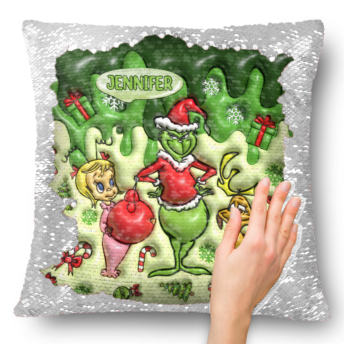 Joyeux Noël Green Mischief - Housse de coussin personnalisée à sequins en forme d'étole de Noël
