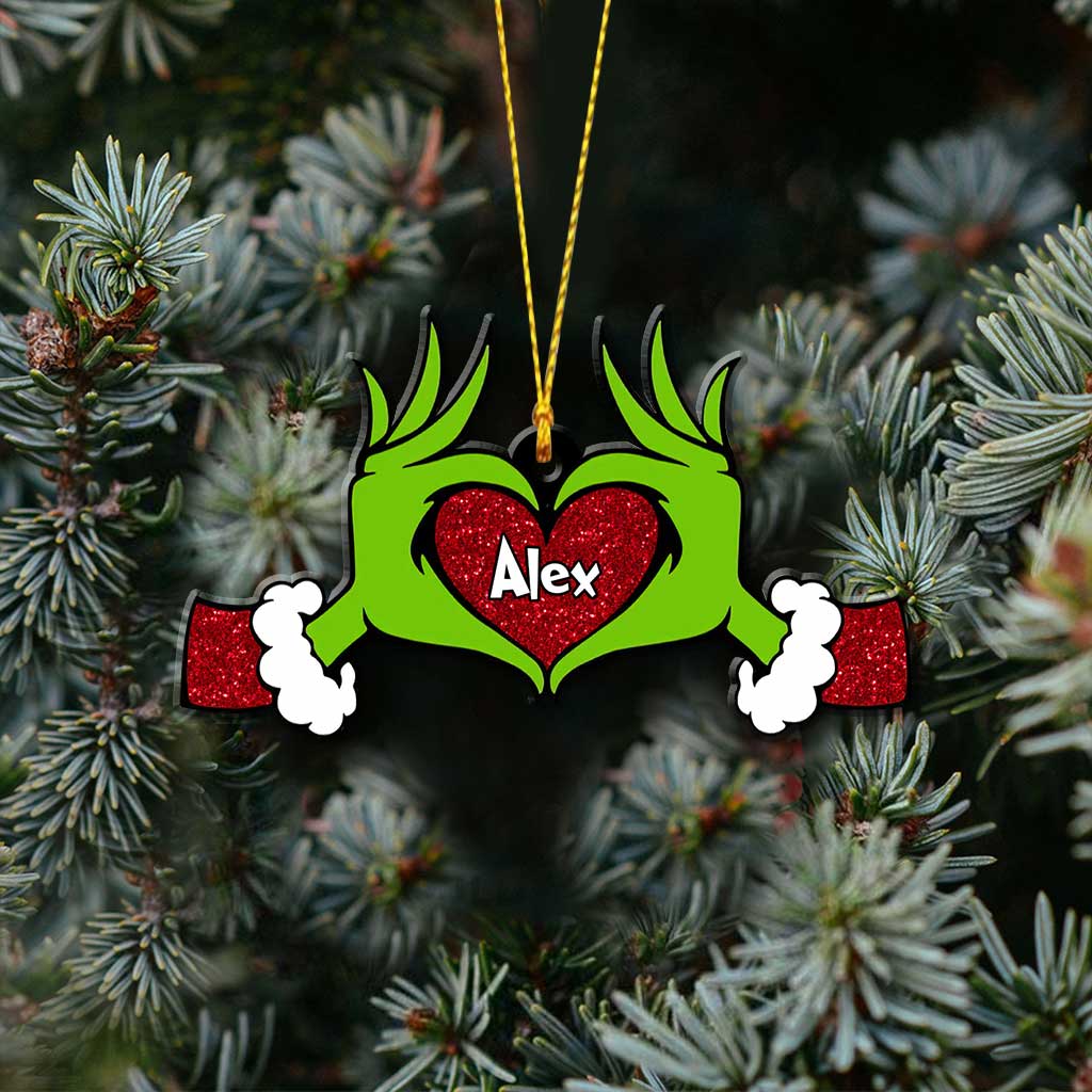 Green Heart Hand - Personalized Christmas Stole Christmas Ornament With Faux Glitter Pattern Printed (Printed On Both Sides)